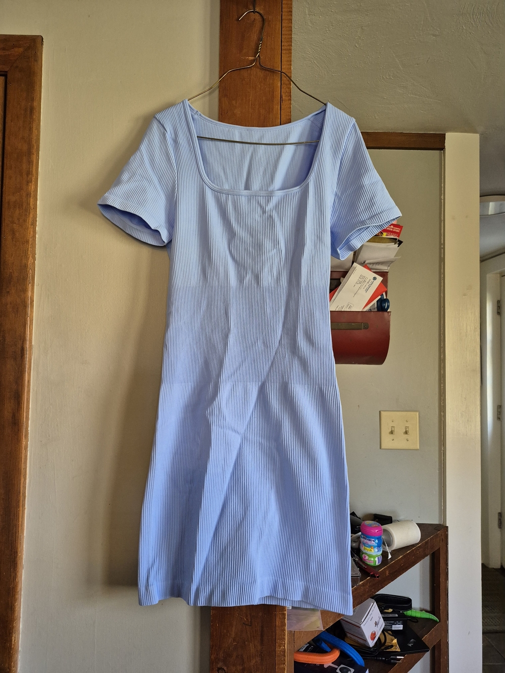 Light Blue Ribbed Square-Neck Mini Dress.  OQQ Size Large. New Without Tags.